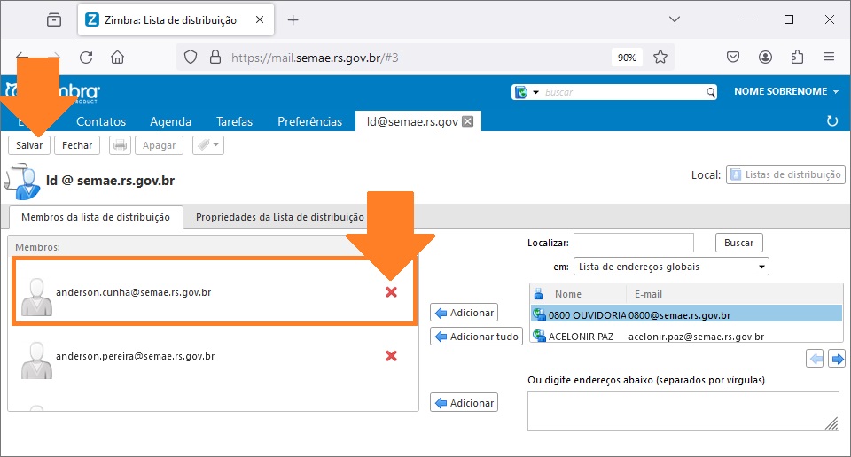 Contatos - Lista de Distribuição - Remover