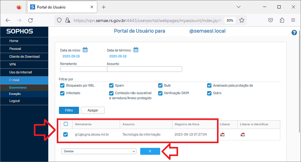 E-mail quarentena